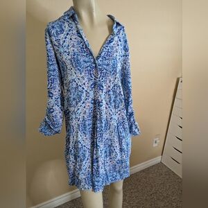 LILLY PULITZER Call My Shell Phone Blue Tunic Long Sleeve Dress Women's Small